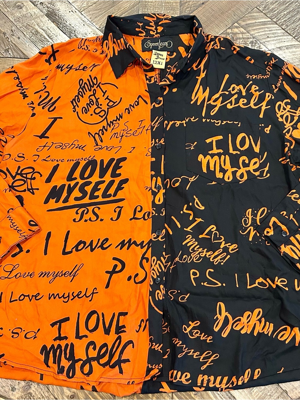 Spoon Jeans “P.S. I Love Myself” Split Design Button-Down Shirt (2XL)